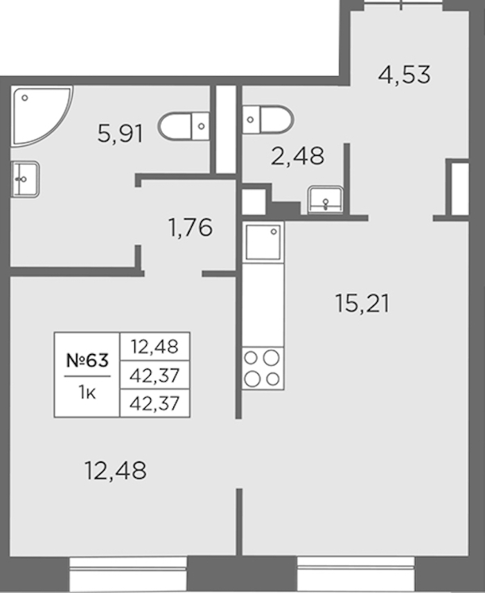 1-комнатная квартира 42.37 м², 6/7 эт., ЖК «Северная Корона»